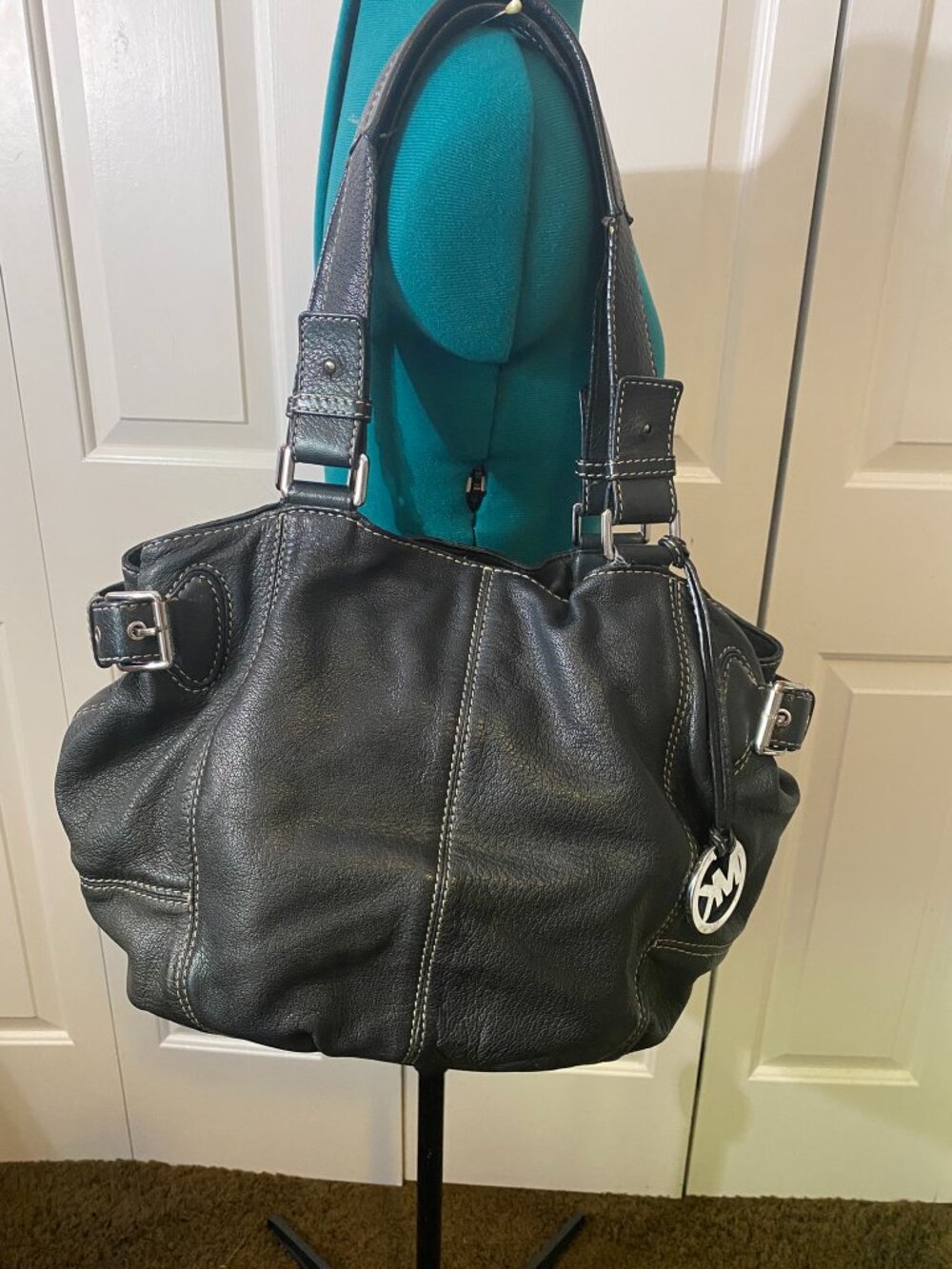 Michael Kors black leather shoulder bag with silver-tone hardware